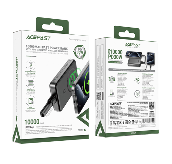 Зовнішній акумулятор ACEFAST M10-10000 PD30W magnetic wireless charging power bank with cable Black Київ