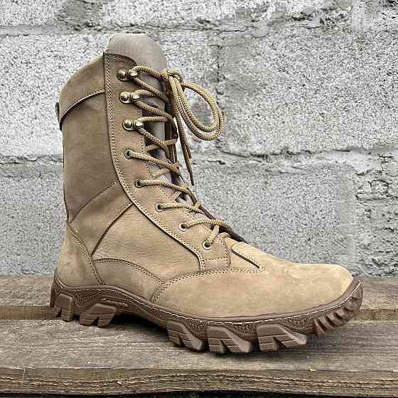 Чоловічі військові шкіряні демісезонні берці ТАЙФУН бежеві, міцні військові берці прошити та проклеєні Львів
