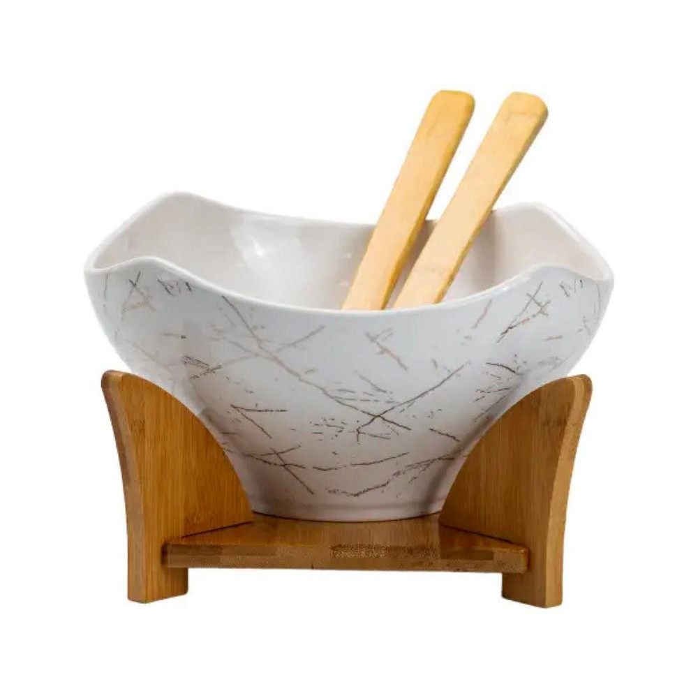 Салатниця га бамбуковій підставці з виделкою і ложкою 22*22*14 см Білий HP1228 Київ - фото 1