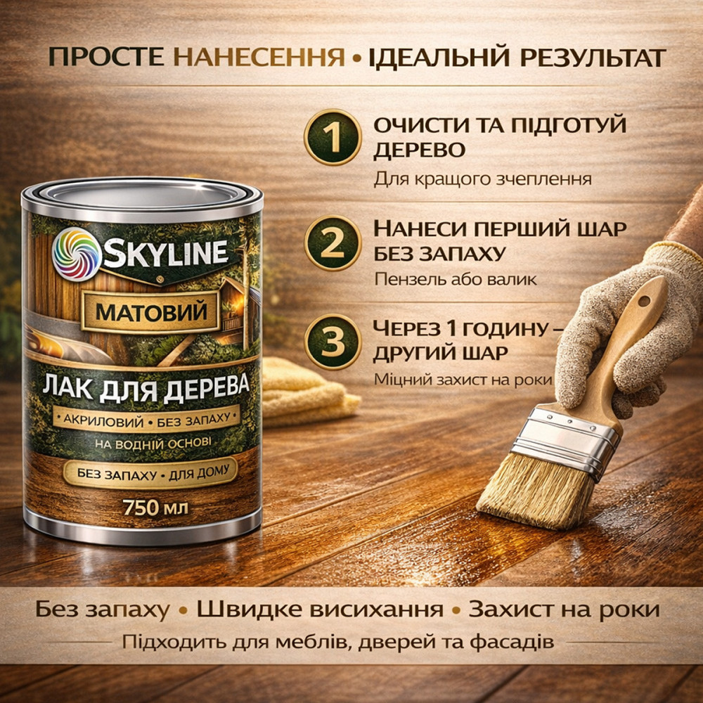 Лак для дерева Skyline матовый акриловый прозрачный без запаха для внутренних и наружных работ 750 мл Харьков - изображение 7