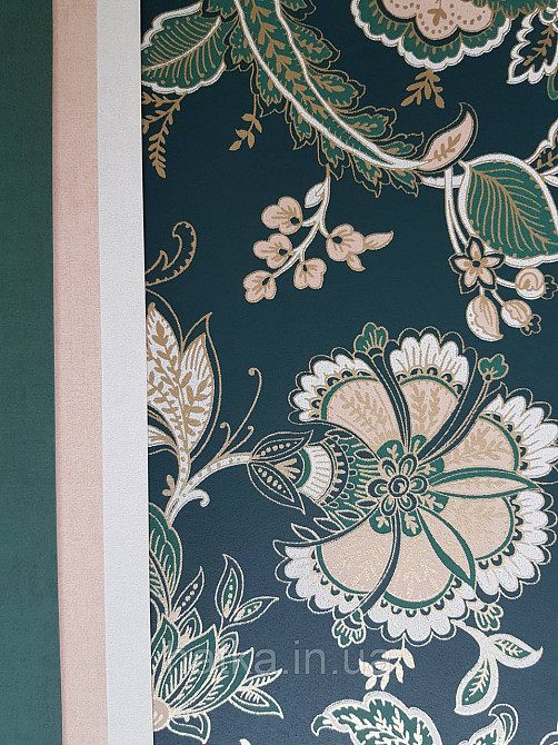 Шпалери флізелінові еко Rasch Sophia 0.53х10 рослинний принт квіти листя золотисте біле на темно-зеленім3д Київ - фото 2