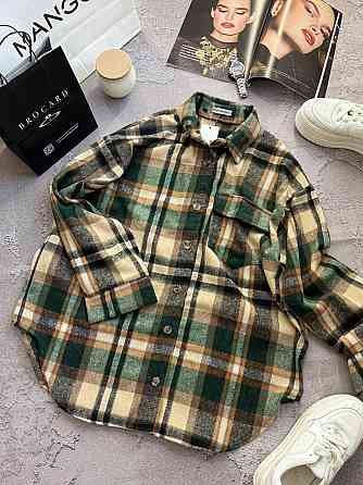 Жіноча тепла оверсайз сорочка в клітинку на ґудзиках кашемір Зелений Одеса