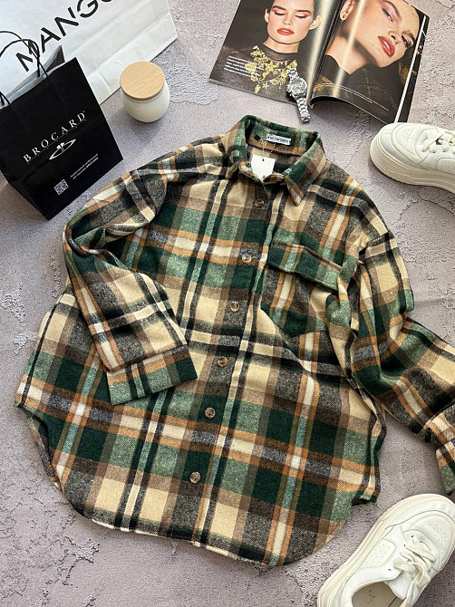 Жіноча тепла оверсайз сорочка в клітинку на ґудзиках кашемір Зелений Одеса - фото 1