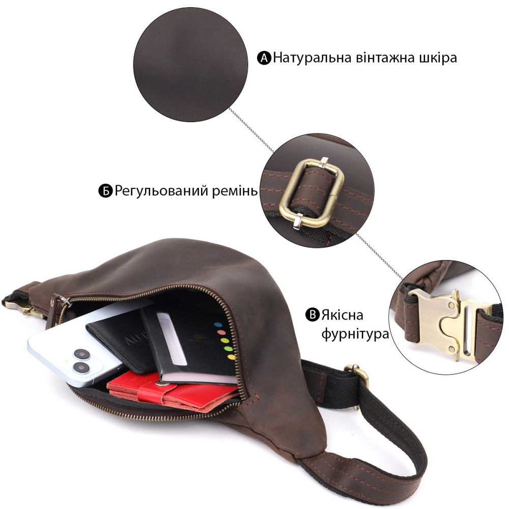 Добротная сумка бананка для мужчин из винтажной натуральной кожи Shvigel 23139 Коричневый Киев - изображение 4