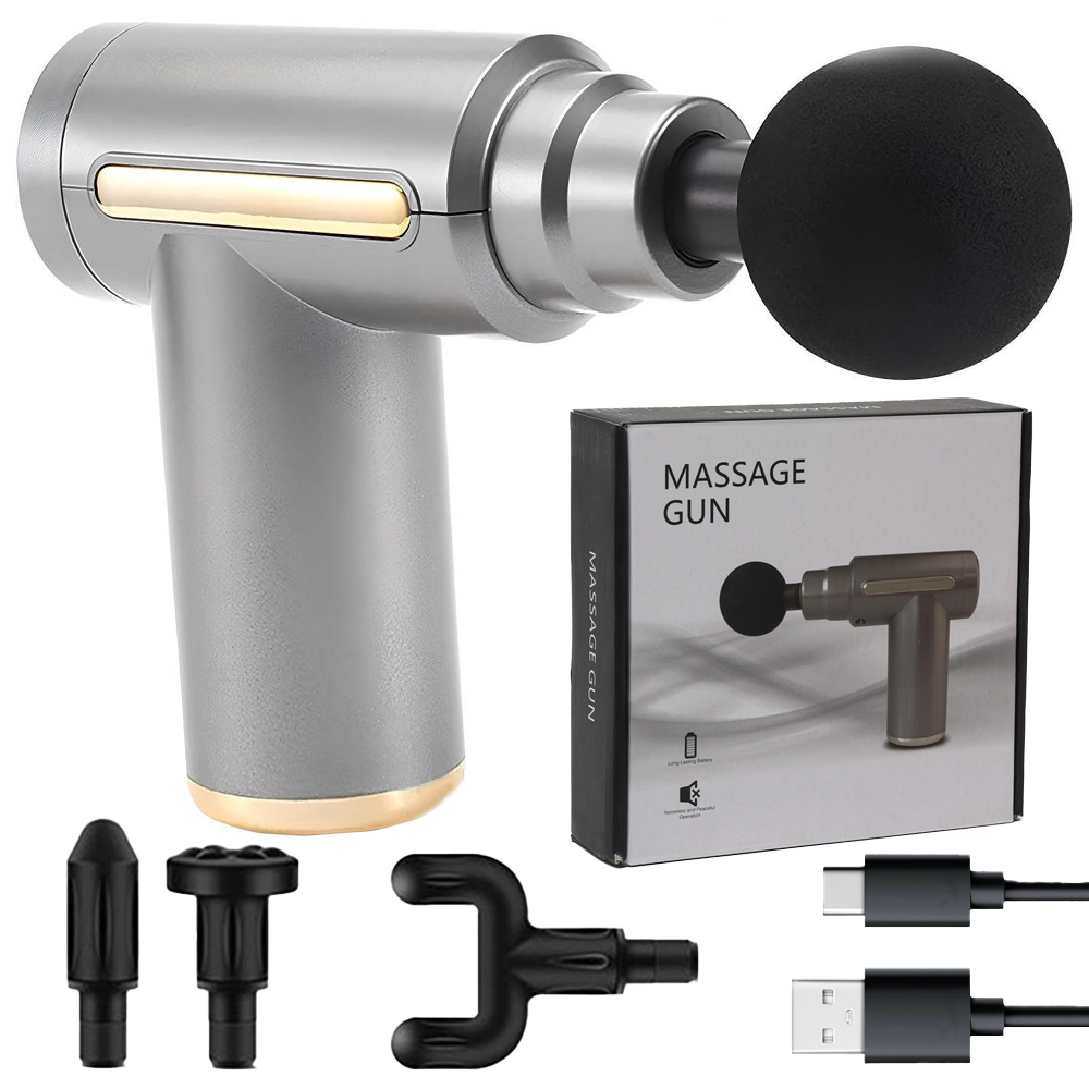 Перкуссионный массажер с 4 насадками Gun Massager, Серый / Ручной массажер / Массажер для тела Киев - изображение 1