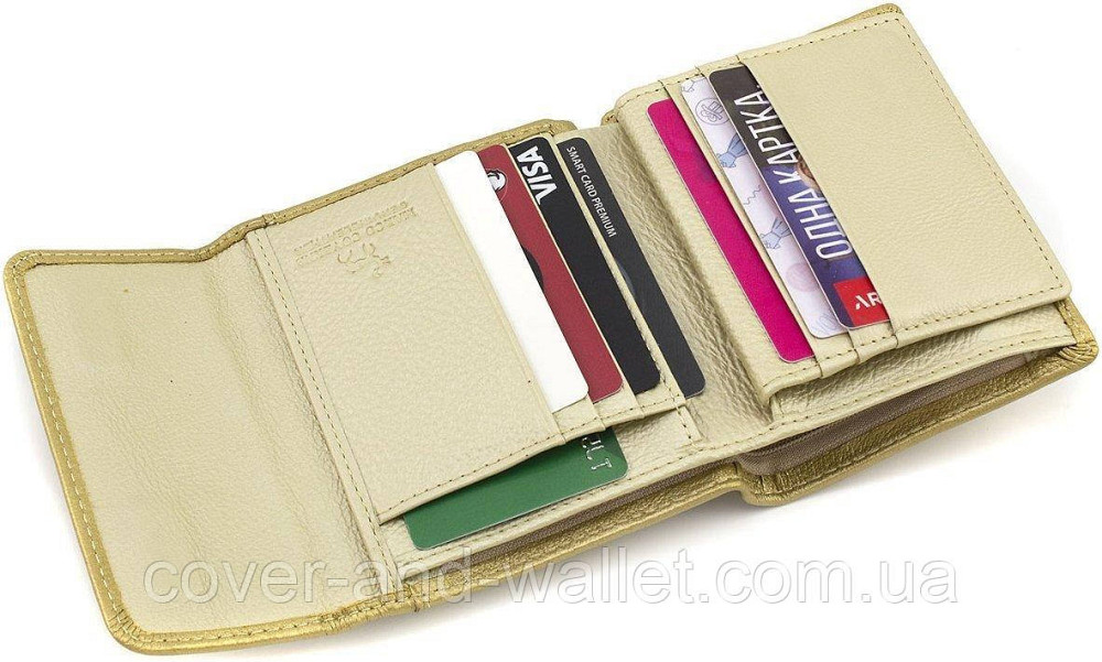 Компактный женский кошелек на магнитах золотистого цвета из натуральной кожи Marco Coverna Киев - изображение 6