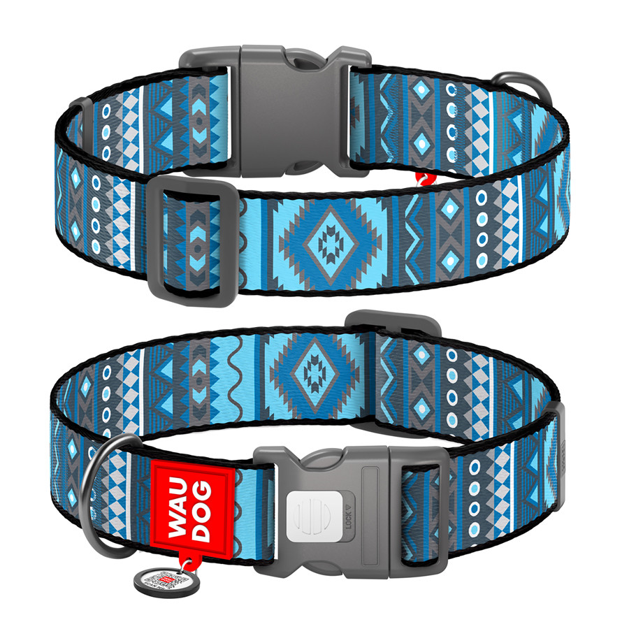 Нашийник для собак нейлоновий WAUDOG Nylon з QR паспортом, малюнок "Етно синій", пластиковий фа Коломыя - изображение 1