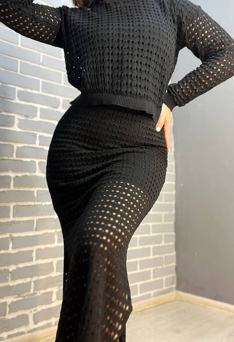 Костюм жіночий MINTAS 4204-2414 прозорий сітка ажурна в'язка реглан зі спідницею розрізи по боках one size, чорний, one size Київ - фото 8