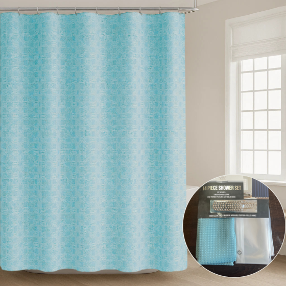 Набор шторка для ванной и душа с подкладкой, двойная 178x183 см,штора для ванной с крючками, узор бирюзовый Каменец-Подольский