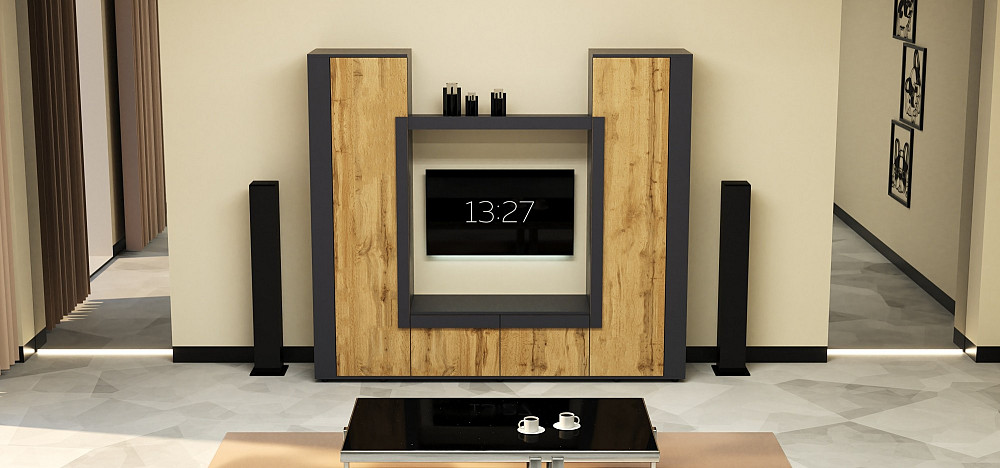 Стенка в гостиную под ТВ Эхо-4, Дуб Аппалачи/Антрацит, 2080х420х1850 Львов - изображение 1