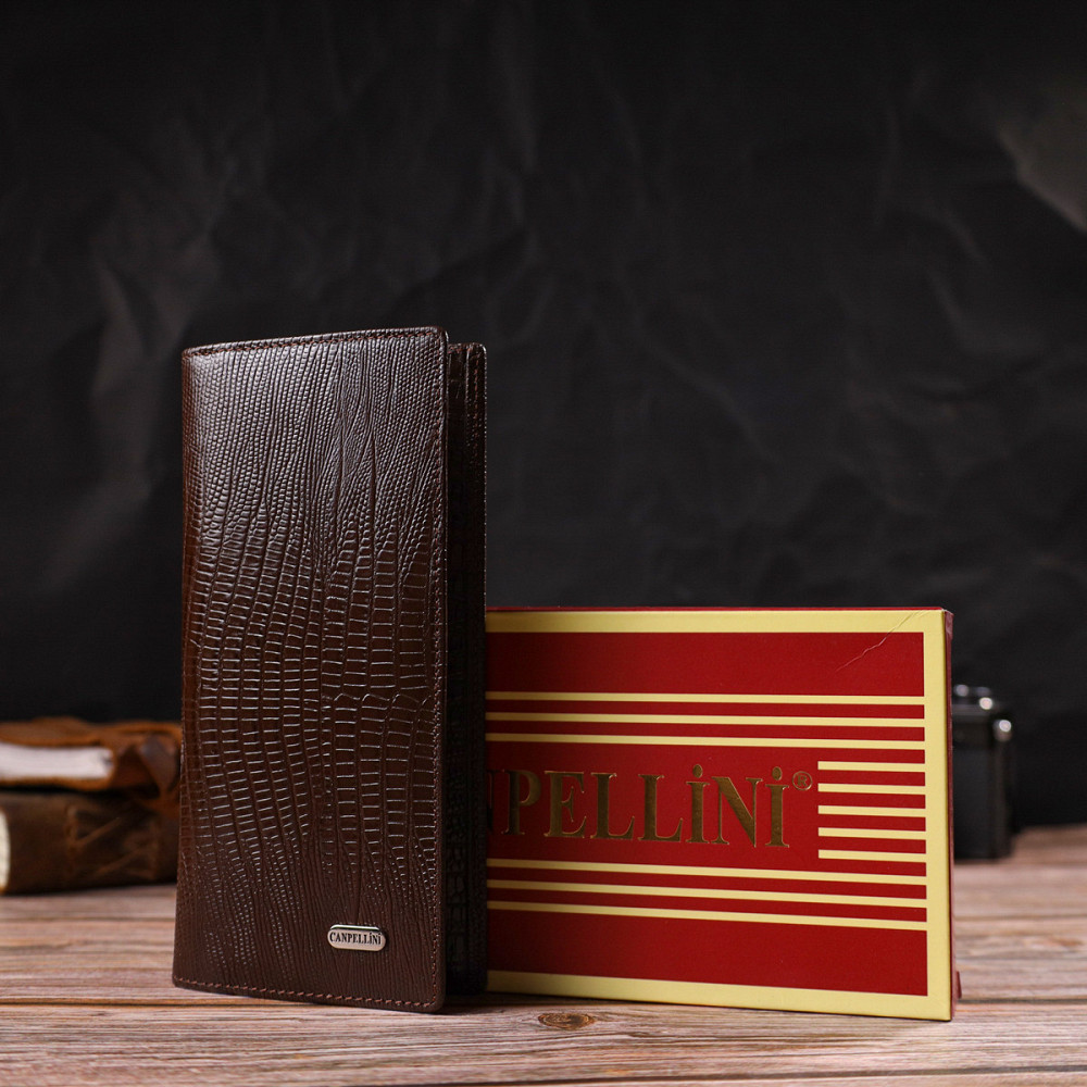 Фактурный мужской вертикальный бумажник без застежки из натуральной кожи с тиснением CANPELLINI 21903 Коричневый Киев - изображение 10