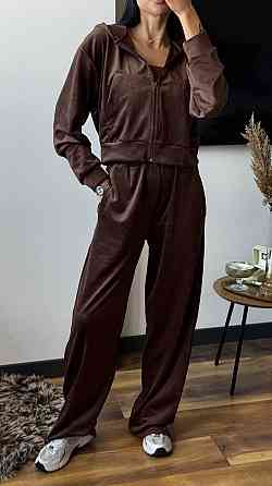 Жіночий плюшевий прогулянковий костюм-трійка: кофта топ і штани велюр Шоколад, 42/44 Одеса