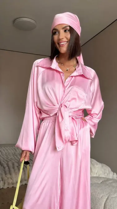 Жіночий шовковий костюм-трійка oversize (штани + сорочка + хустинка)— стильний комплект Одеса - фото 16