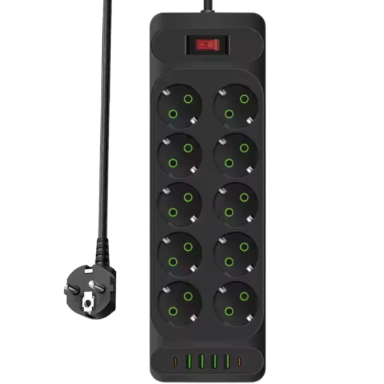 Мережевий фільтр подовжувач 2 м на 10 євро-розеток, 4 USB + 2 Tupe-C, 3000Вт із заземленням і вимикачем, чорний Кам'янець-Подільський