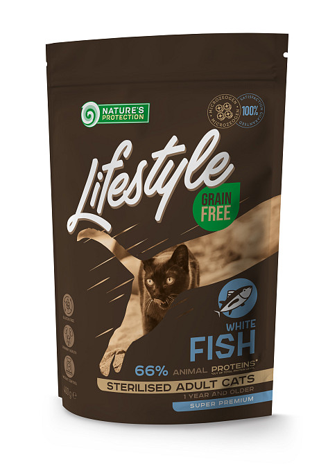 Nature's Protection Lifestyle Sterilised White fish Сухий беззерновий корм для стерилізованих котів з білою рибою, 400 г Київ - фото 1