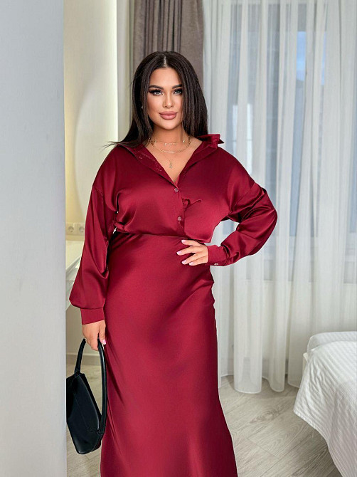 Шелковая женская рубашка свободного фасона со спущенным плечом итальянский шелк Бургунди, 48/52 Одесса - изображение 1