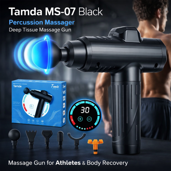 Перкуссионный массажер Tamda MS-07 Black: Профессиональный массажный пистолет для всего тела, 30 режимов, 8 насадок Киев