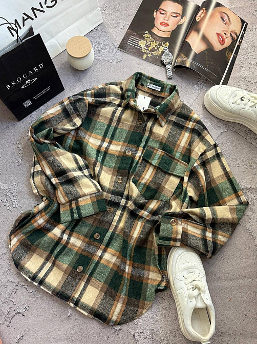 Жіноча тепла оверсайз сорочка в клітинку на ґудзиках кашемір Зелений Одеса - фото 3
