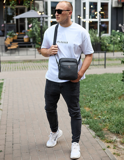 Чоловіча чорна шкіряна сумка на плече Київ - фото 5