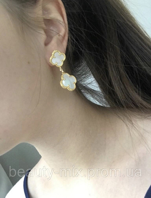 Сережки білі Vancleef Ванкліф срібло дві квіточки Одеса - фото 2