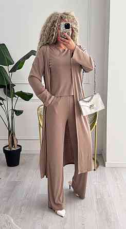 Женский базовый прогулочный костюм тройка: кардиган футболка и штаны трикотажный рубчик Бежевый, 52/54 Одесса