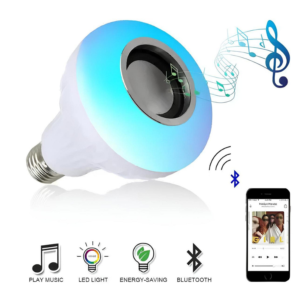 Bluetooth динамик-лампа с пультом, светодиодная лампочка с Bluetooth колонкой Е27, беспроводная Bluetooth лампа с цветным светом Киев - изображение 2