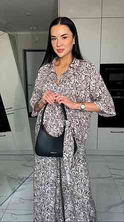 Женский легкий принтованный прогулочный костюм двойка: платок, рубашка и брюки из натурального штапеля Коричневый Одесса