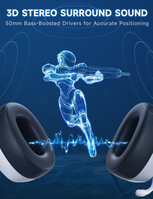 Игровые наушники Gvyugke беспроводные 2.4 ГГц Bluetooth 5.3, 7.1, 50 мм, 70 ч, микрофон, LED, для PS5 PS4 ПК Switch, белые Киев - изображение 6