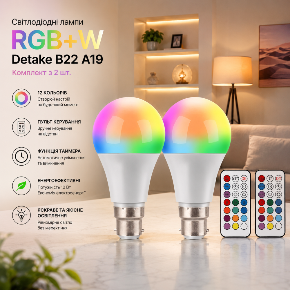 Світлодіодні лампи RGB+W Detake B22 A19: комплект з 2 шт., 10 Вт, 12 кольорів, пульт керування та функція таймера Київ - фото 7