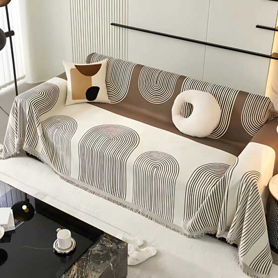 Плед покрывало для дивана и кровати,чехол накидка для мягкой мебели 180х230 см,бело-коричневым с узором Каменец-Подольский