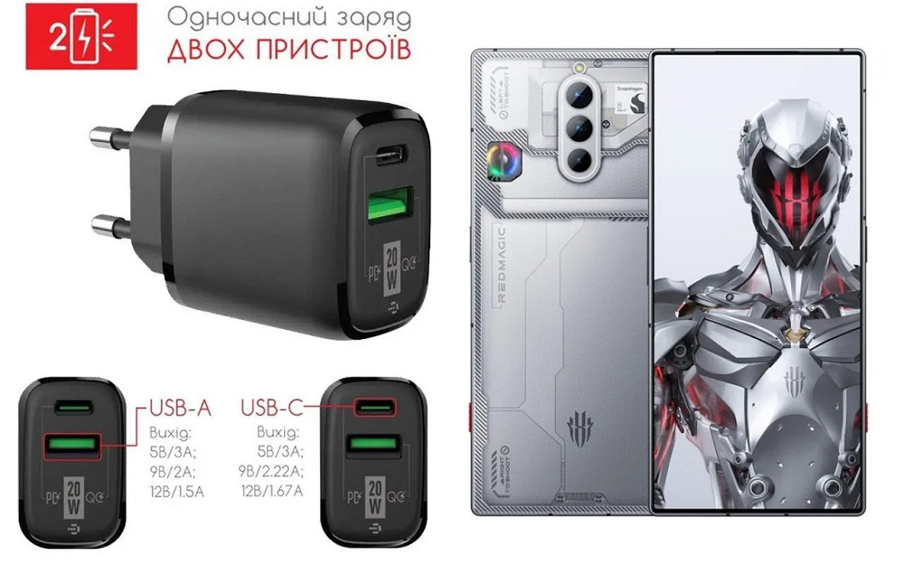 Мережевий зарядний пристрій для ZTE Nubia Redmagic 8 Pro, Redmagic 8S Pro, 20W 3A, Quick Charge 3.0 Київ - фото 1