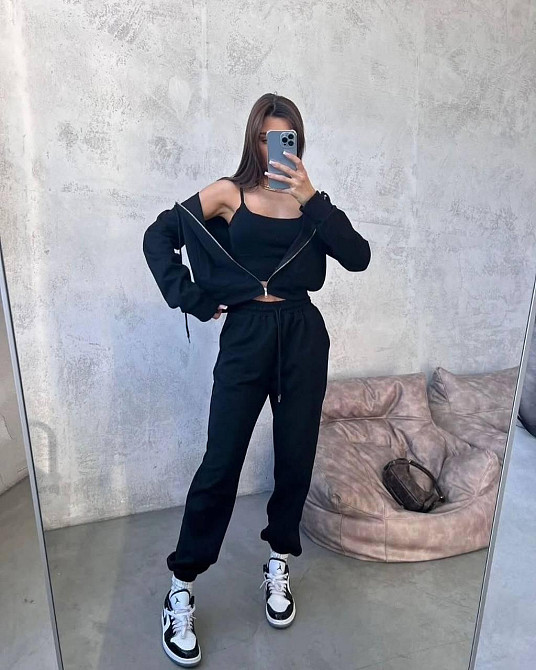 Жіночий прогулянковий костюм-трійка: кофта топ і штани двонитка Чорний, 42/44 Одеса - фото 1