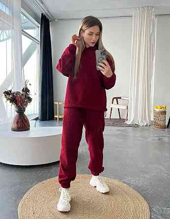 Жіночий теплий затишний костюм: кофта та штани барашек на флісі Бордовий, 46/48 Одеса