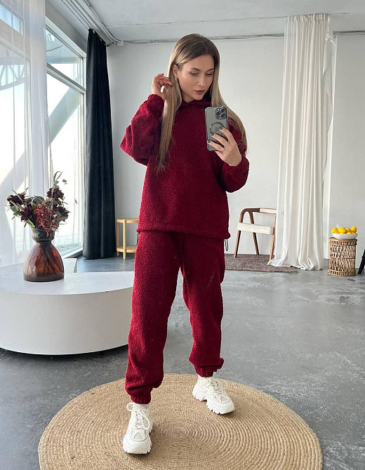 Жіночий теплий затишний костюм: кофта та штани барашек на флісі Бордовий, 46/48 Одеса - фото 1