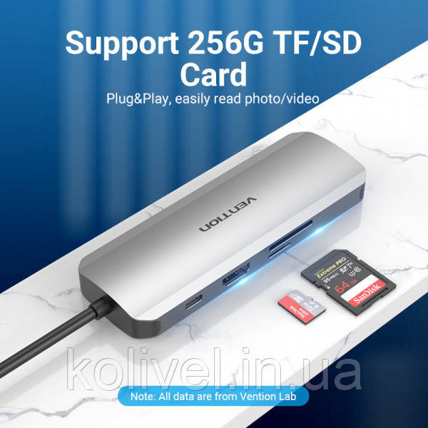 Док-станція USB3.1 Type-C --> HDMI/USB 3.0x3/RJ45/SD/TF/PD 100W Hub 8-in-1 Vention (TOKHB) Київ - фото 9