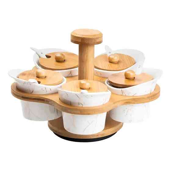 Набір для сипучих продуктів 5 банок по 120 на бамбуковій підставці білий HP1225 Коломия