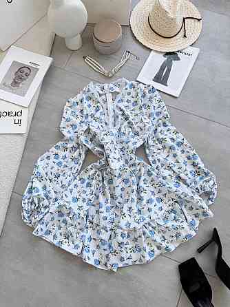 Женское романтичное мини платье в цветочный принт с кружевом софт / штапель 42/44, Голубой Одесса