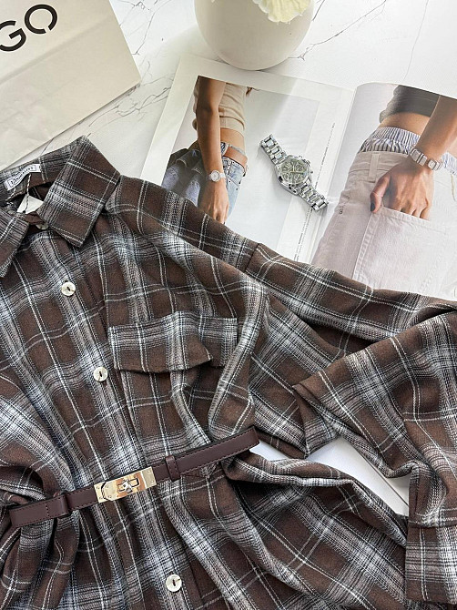 Жіноча тепла оверсайз сорочка в клітинку на ґудзиках кашемір Шоколад Одеса - фото 8