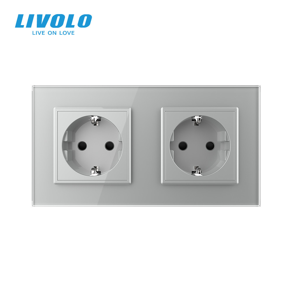 LIVOLO Подвійна електрична розетка з заземленням LIVOLO, сіра, скляна рамка, шторки, 250В 16А ( Коломия - фото 10