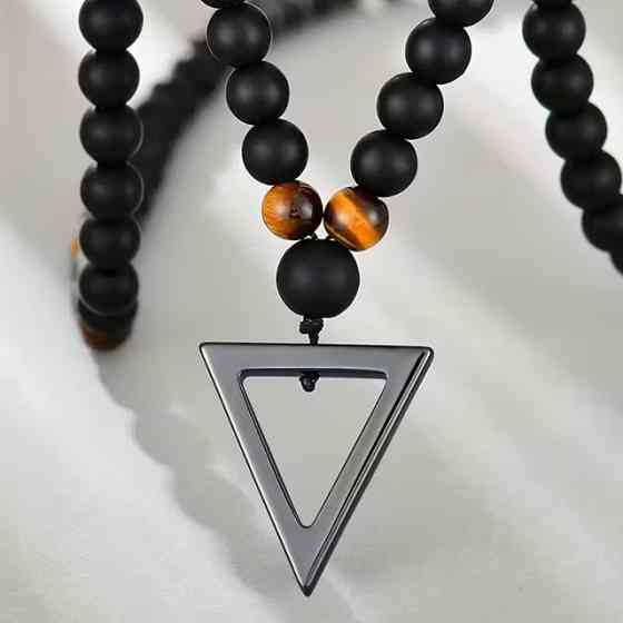 Ожерелье из чёрного агата и тигрового глаза с треугольной подвеской Киев