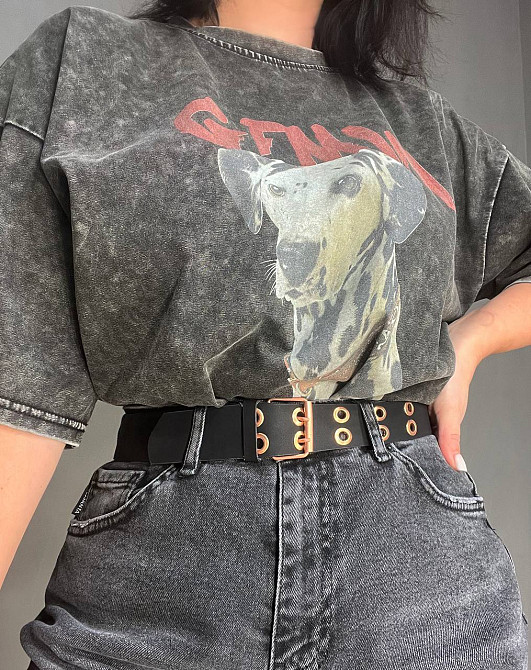 Футболка жіноча E-F 8089 варена тай дай оверсайз з малюнком собаки далматинець темно сіра, темно-сірий, 48 Київ - фото 2