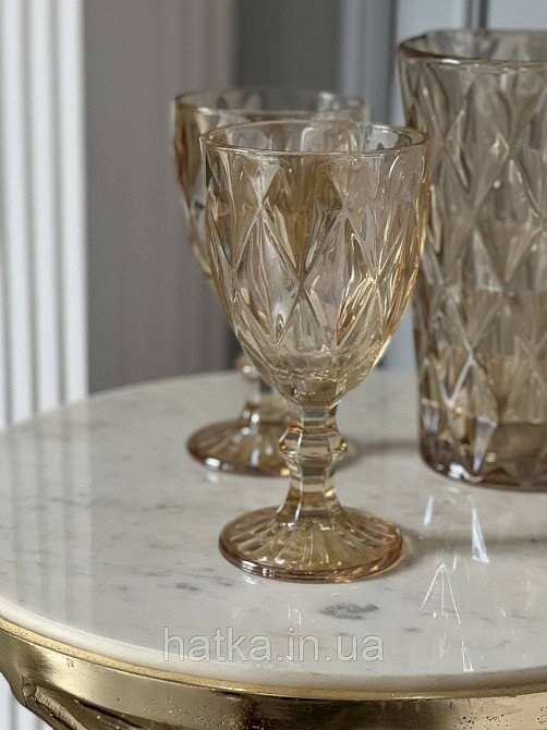Набір 6 шт. келихів + глечик 1 л. «Дзеркальний Смарагд» 300 мл бурштиновий колір Київ - фото 7