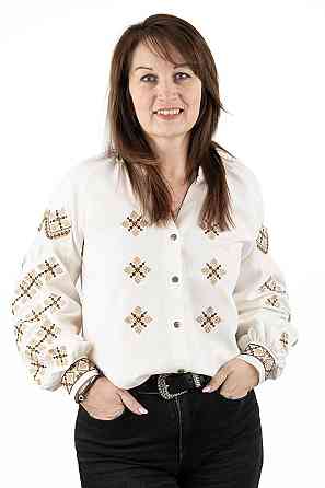 Вишиванка жіноча, лляна, з довгим рукавом, молочна топ Київ