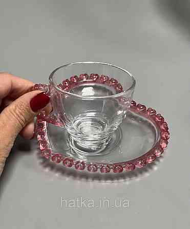 Чашка з блюдцем "Рожеве серце" для кави 100 мл, прозора з рожевим обідком у вигляді серця Київ