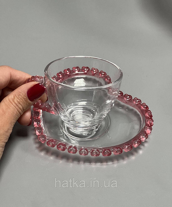 Чашка з блюдцем "Рожеве серце" для кави 100 мл, прозора з рожевим обідком у вигляді серця Київ - фото 4