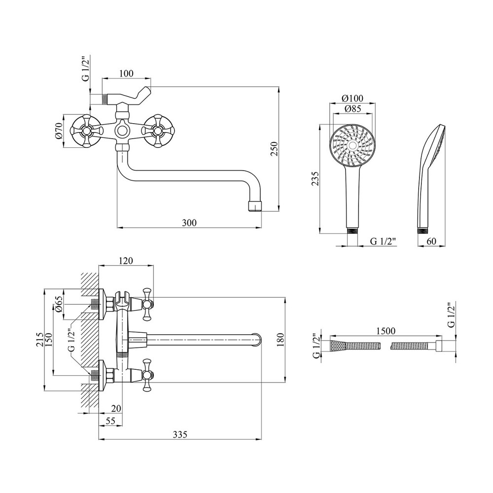 Змішувач для ванни Kroner KRM Rhein - C071 з душовим гарнітуром, хром Київ - фото 2