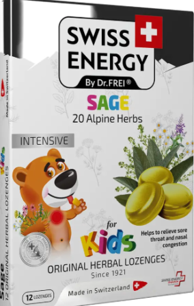 Льодяники з м'ятою, шалфеєм для дітей Swiss Energy Herbal Lozenges Blister 20 herbs Sage for kids 12 мед Київ