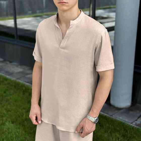 Кремовая льняная рубашка для мужчин с коротким рукавом Pobedov Misto Киев