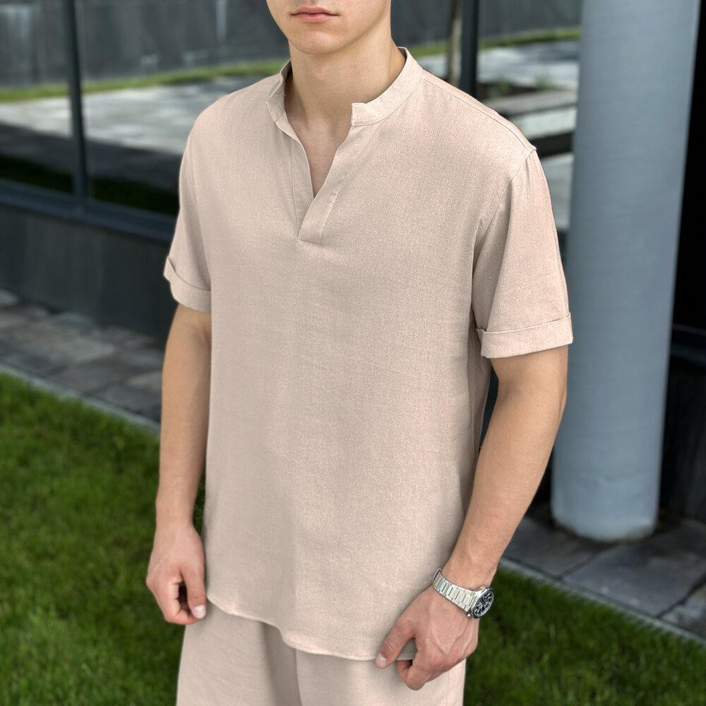 Кремовая льняная рубашка для мужчин с коротким рукавом Pobedov Misto Киев - изображение 1