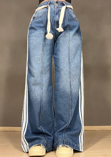 Джинсы женские Vonnavi 413-240 палаццо с лампасами пояс резинка шнурок синие, синий, 26, 26, 68 см,  Одесса - изображение 8